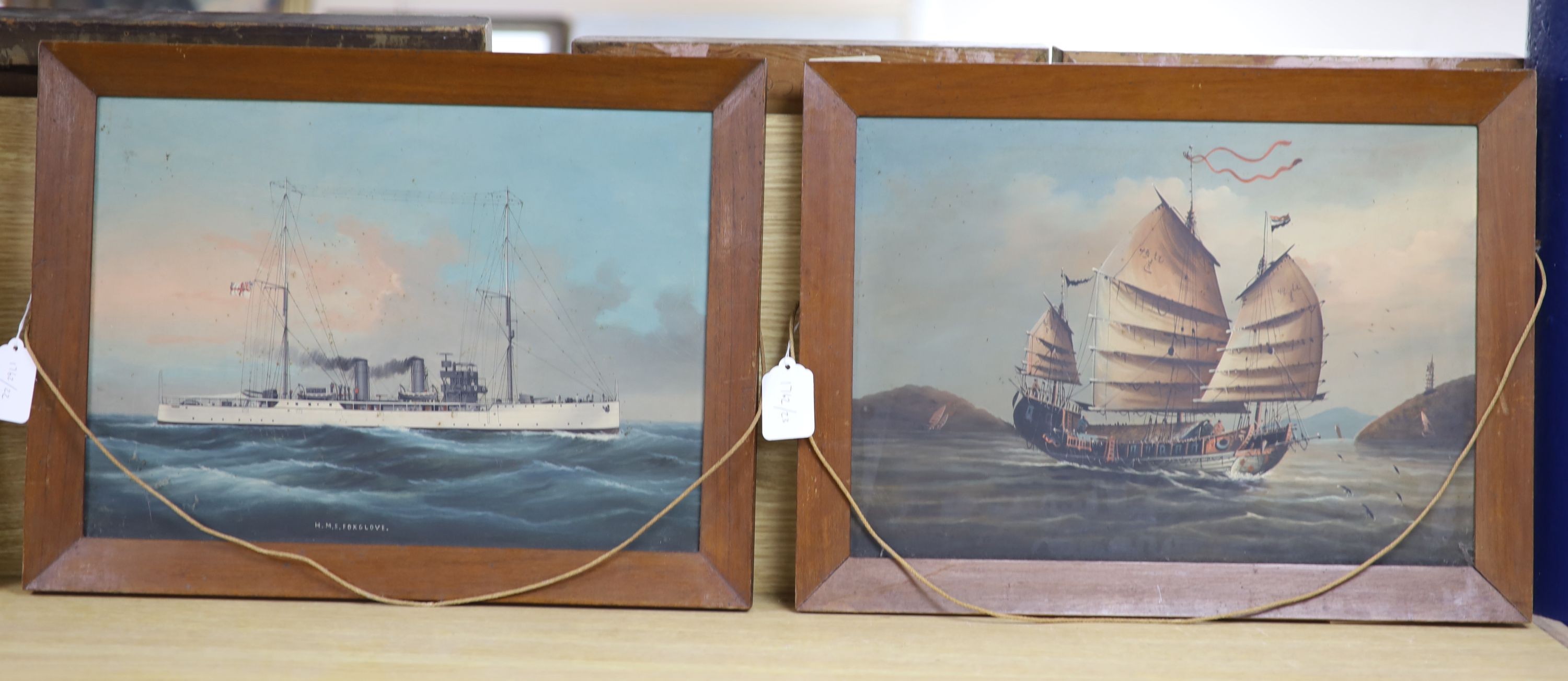 Chinese school circa 1900, pair of oils on canvas, HMS Foxglove & a junk at sea, 30 x 42cm.